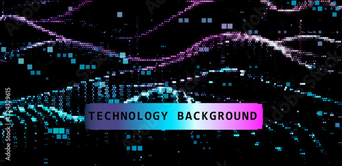 coFuturistic vector illustration with digital pixel waves and a colorful gradient. The design conveys technological innovation and the flow of data in a modern, abstract background.