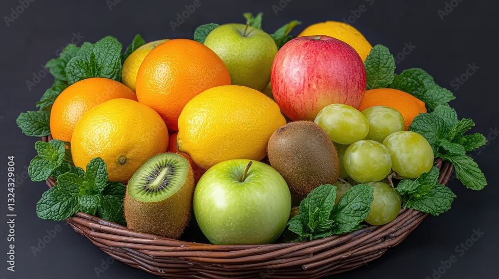 Vibrant fruit basket filled with fresh apples, oranges, and lemons on a wooden table, illuminated by natural light Vibrant fruit basket filled with fresh apples, oranges, and lemons on a wooden table, illuminated by natural light