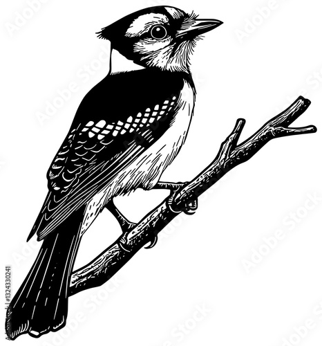 Illustration in black of a Blue Jay bird on a branch, isolated 