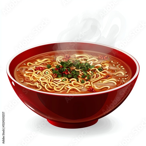Vectorized depiction of a bowl of spicy ramen with steam and chili flakes, isolated on a white background, rich and flavorful