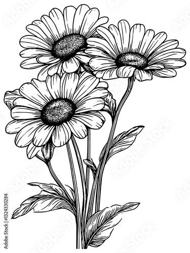 Illustration in black of a bouquet of daisies, isolated 