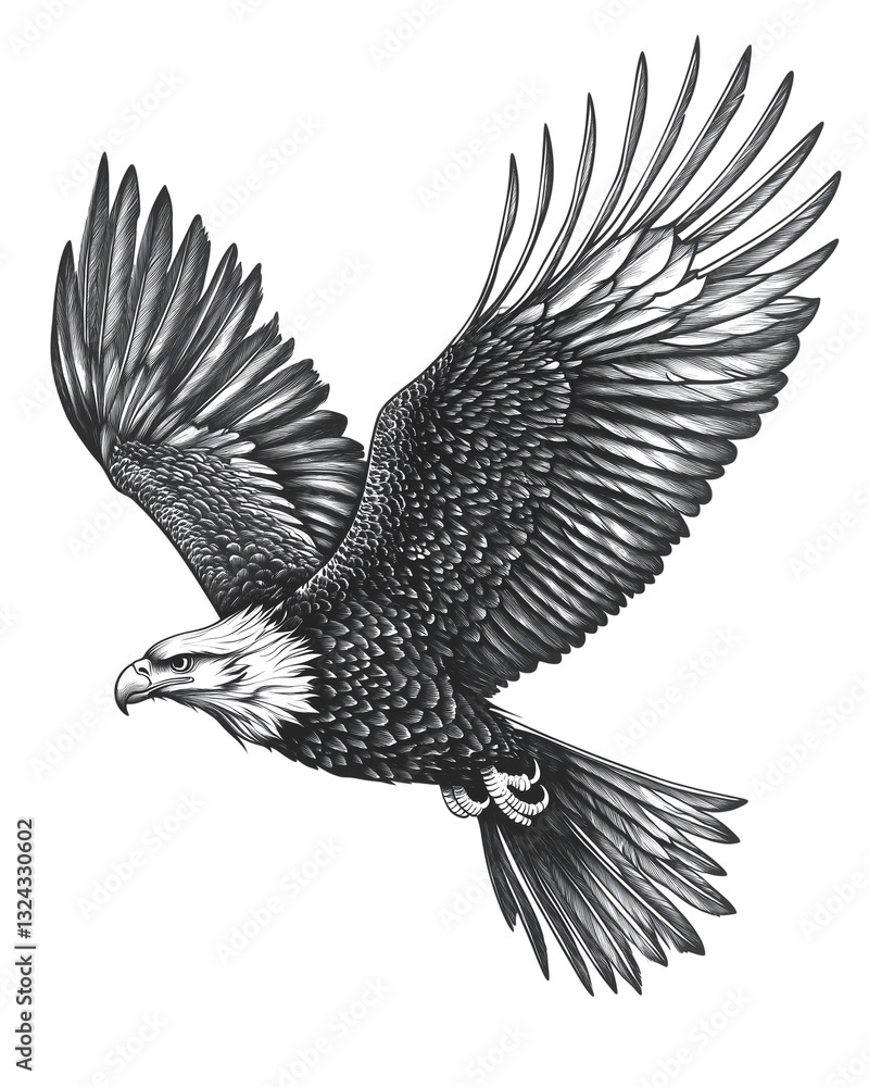 Fototapeta premium Hand-Drawn Bald Eagle in Flight – Black and White Vector Illustration – Transparent Background