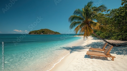 Fototapeta Naklejka Na Ścianę i Meble -  Under a clear blue sky, a deckchair sits on an idyllic white sand beach, with a palm tree and calm turquoise sea, creating the perfect summer holiday atmosphere.