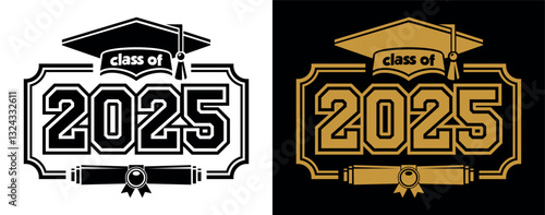 Lettering Class of 2025 in frame for greeting, invitation card. Text for graduation design, congratulation event, T-shirt, party, high school or college graduate. Vector on transparent and black backg