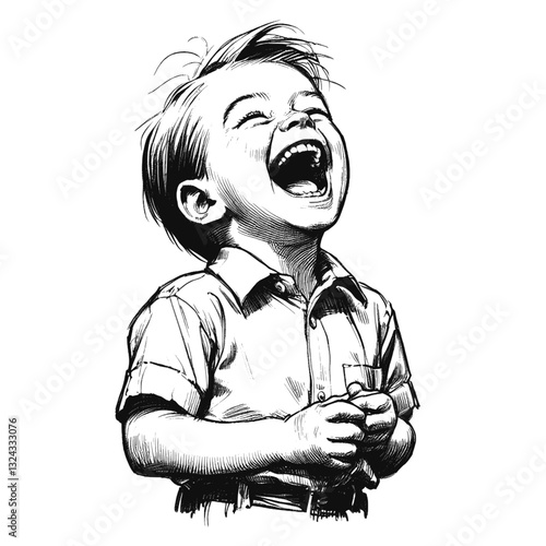 A happy young boy laughing laugh little boy black and white line art drawing ink sketch vector hand drawn illustration background