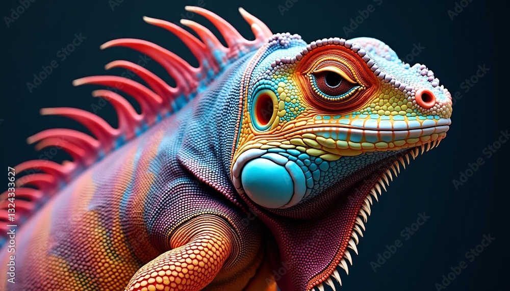 Fototapeta premium Vibrant Iguana Portrait: A Kaleidoscope of Colors and Textures.