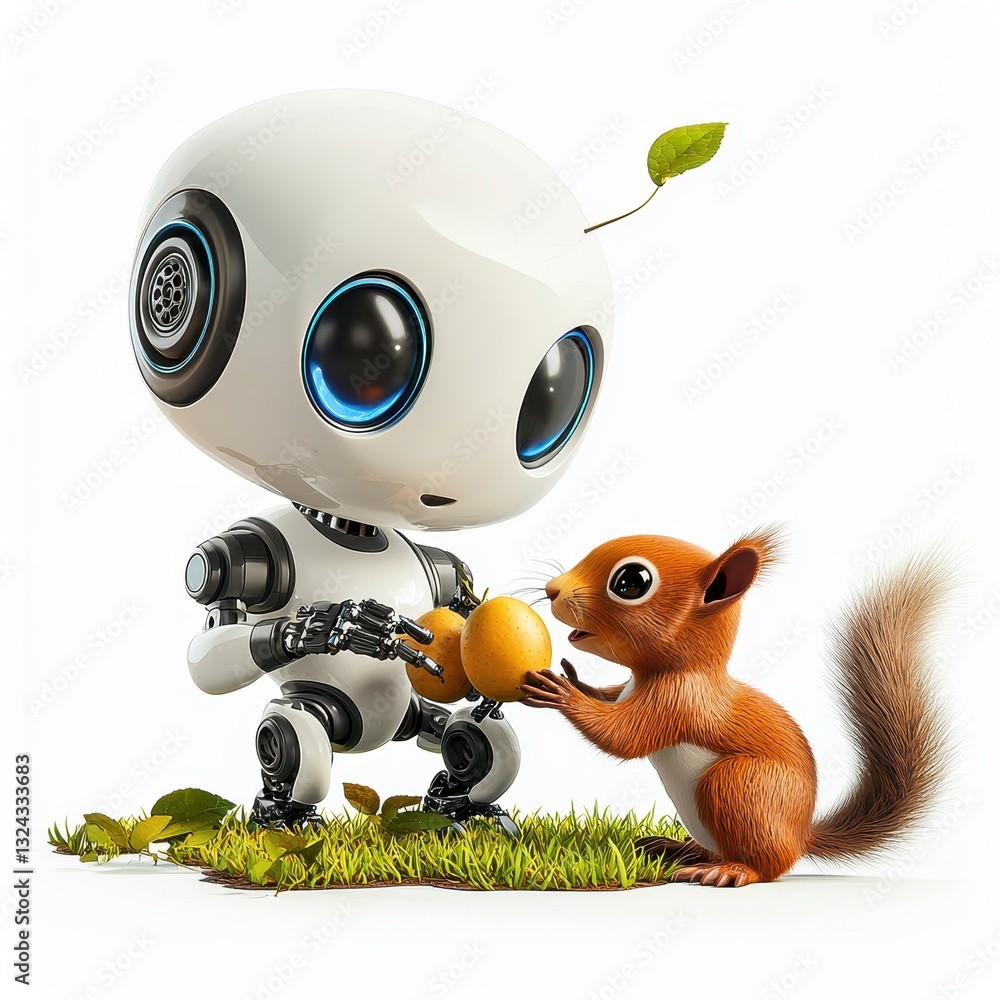 Tiny AI farm robot playing with a curious squirrel in an orchard, isolated on clear white background Tiny AI farm robot playing with a curious squirrel in an orchard, isolated on clear white background