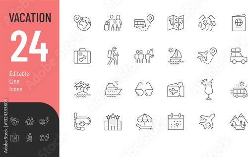 Vacation Line Editable Icons set. Vector illustration in modern thin line style of travel related icons: tourism, voyage, bus trip, and more. Isolated on transparent background.