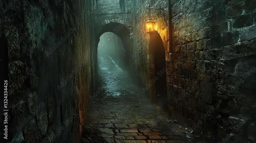 Naklejka premium Massive stone walls towering over a narrow alley with no visible exit, creating a confined and imposing architectural structure.