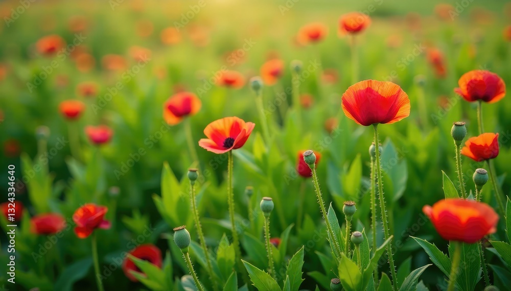 A bed of soft green wild poppy foliage covering the ground, blossoms, flowers, blooms A bed of soft green wild poppy foliage covering the ground, blossoms, flowers, blooms