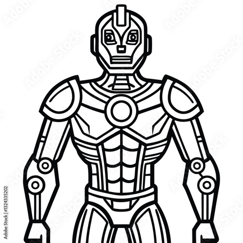 A Futuristic Robot Line Art vector, Sci-Fi Android Cyber Warrior Drawing,AI Robot Coloring Page for kids, Detailed Robot Line Art Sketch, Robot outline, Detailed Robot Line Art Sketch vector clip art.
