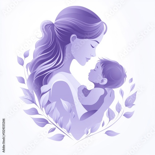 logo silueta violeta de una madre cargando a su bebe en brazos, rodeados de hojas en forma de corazón, visto de perfil, relación maternal, alimentación y cuidados de un recién nacido, día de la madre
