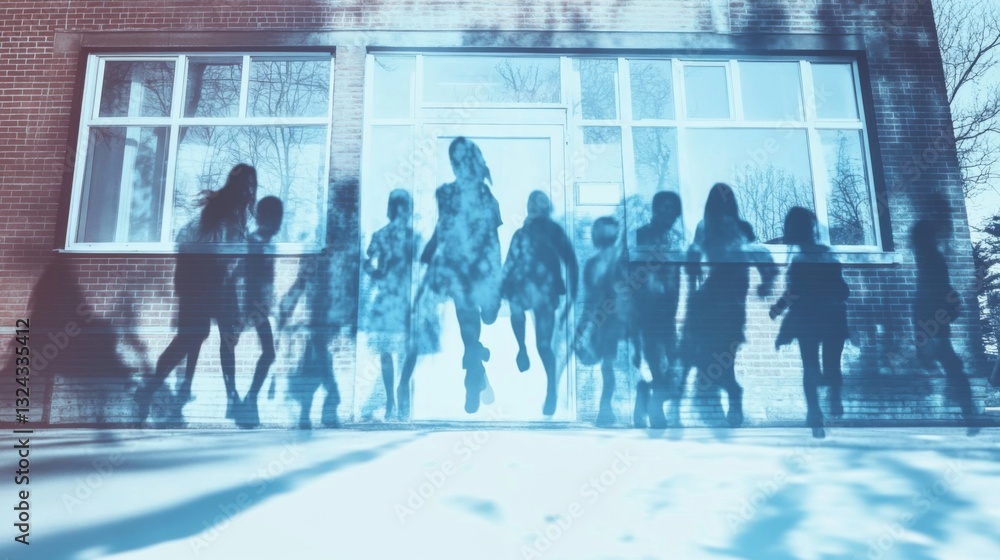 Obraz premium Group of children are running in front of a school building