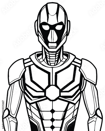 A Futuristic Robot Line Art vector, Sci-Fi Android Cyber Warrior Drawing,AI Robot Coloring Page for kids, Detailed Robot Line Art Sketch, Robot outline, Detailed Robot Line Art Sketch vector clip art.
