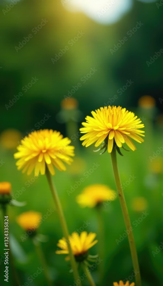Yellow dandelion flowers in a garden with greenery, flower, blowball, garden Yellow dandelion flowers in a garden with greenery, flower, blowball, garden