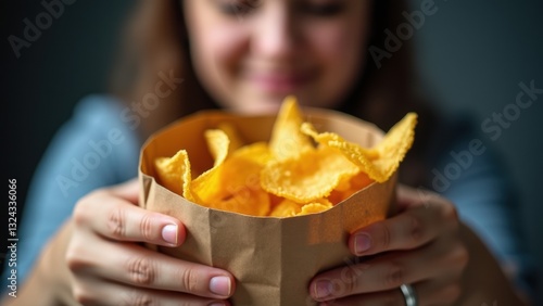 Woman is holding a bag of chips in her hand. She is smiling and she is enjoying the snack