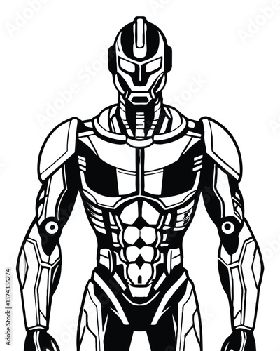 A Futuristic Robot Line Art vector, Sci-Fi Android Cyber Warrior Drawing,AI Robot Coloring Page for kids, Detailed Robot Line Art Sketch, Robot outline, Detailed Robot Line Art Sketch vector clip art.