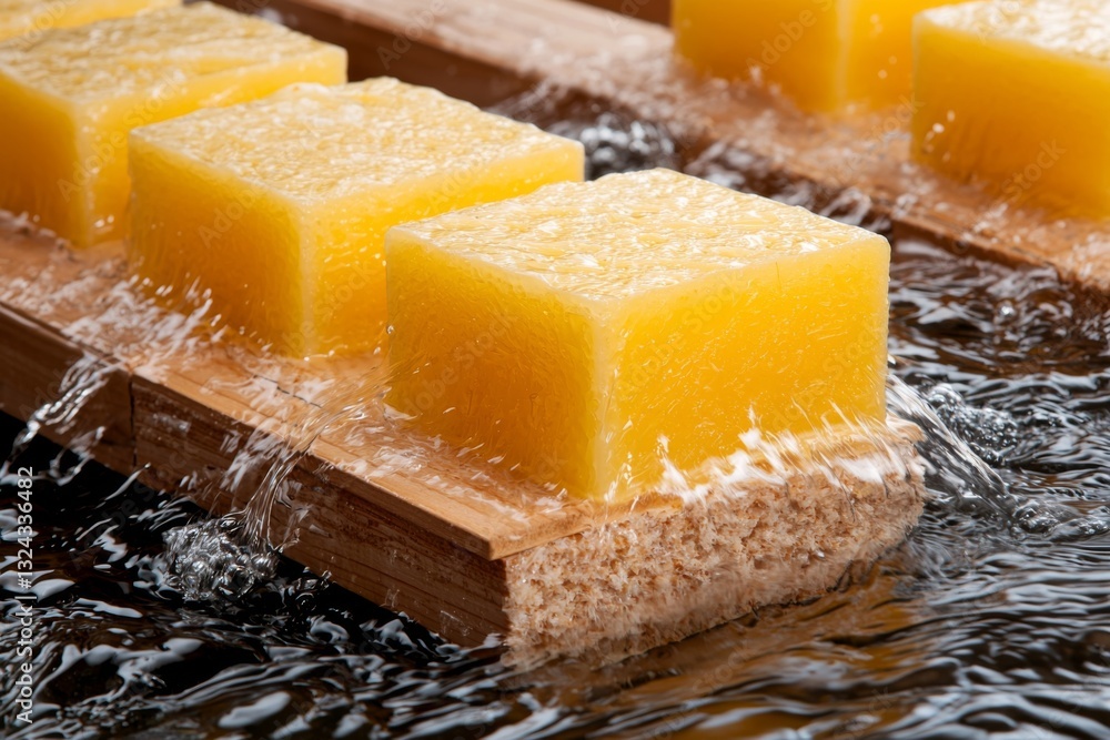 Naklejka premium Fresh yellow soap bars on a wooden tray with water splashes