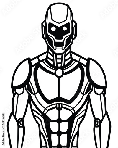 A Futuristic Robot Line Art vector, Sci-Fi Android Cyber Warrior Drawing,AI Robot Coloring Page for kids, Detailed Robot Line Art Sketch, Robot outline, Detailed Robot Line Art Sketch vector clip art.