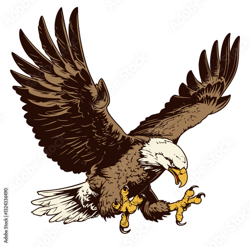 Detailed vector illustration of a bald eagle with wings spread wide, sharp talons extended, and beak open in an aggressive pose. Generative by Ai
