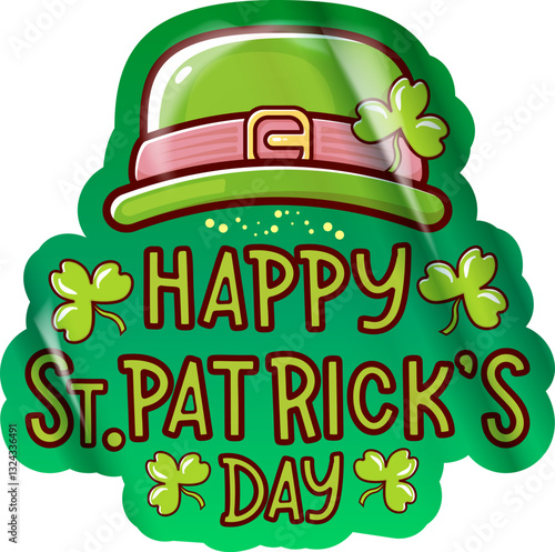 Happy St. Patrick s Day Festive Hat and Clover Celebration. Saint Patrick label and sticker png art cartoon style icon.