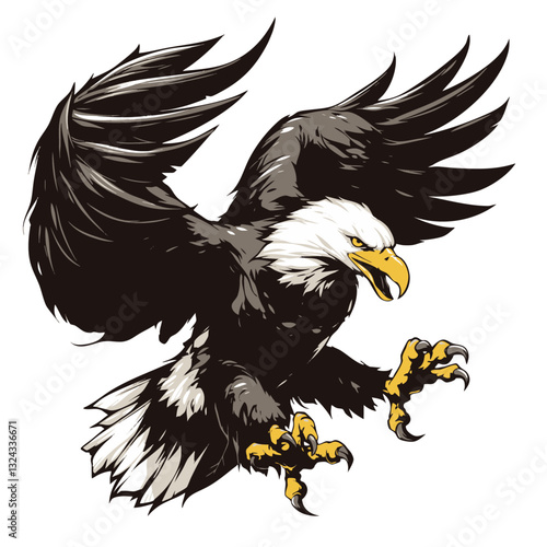 Detailed vector illustration of a bald eagle with wings spread wide, sharp talons extended, and beak open in an aggressive pose. Generative by Ai

