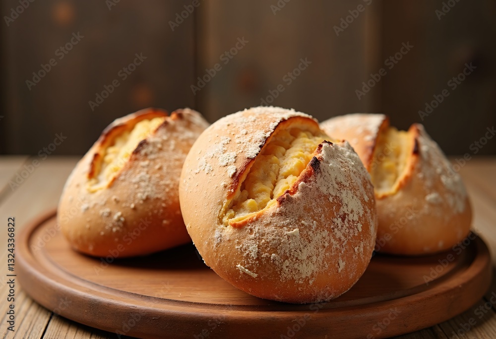 Freshly baked bread on wooden table, a gourmet delight. Freshly baked bread on wooden table, a gourmet delight.
