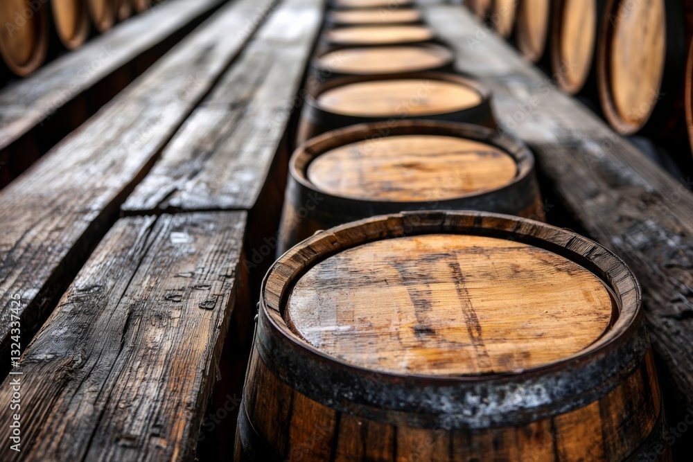 Fototapeta premium Wooden barrels lined up on a rustic wooden floor in a distillery