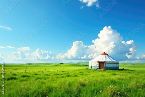 Yurt in a vast grassland under a clear blue sky, grassland, vastness, green landscape