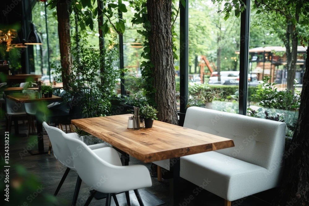 A bright and spacious interior characterizes the cafe, which includes chairs, concrete walls, and wooden flooring inside A bright and spacious interior characterizes the cafe, which includes chairs, concrete walls, and wooden flooring inside