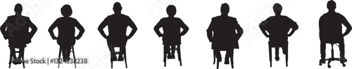 vector; silhouette of a  back view of a group people arms akimbo sitting on chair