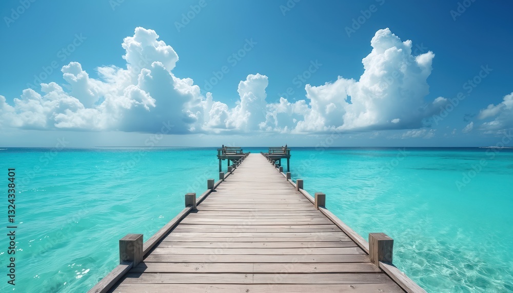 Fototapeta premium Seascape photo of turquoise ocean waters with wooden pier stretching to horizon. Summer vacations scene, beach holiday at tranquil sea coastline with blue skies, clouds, perfect peaceful tropical