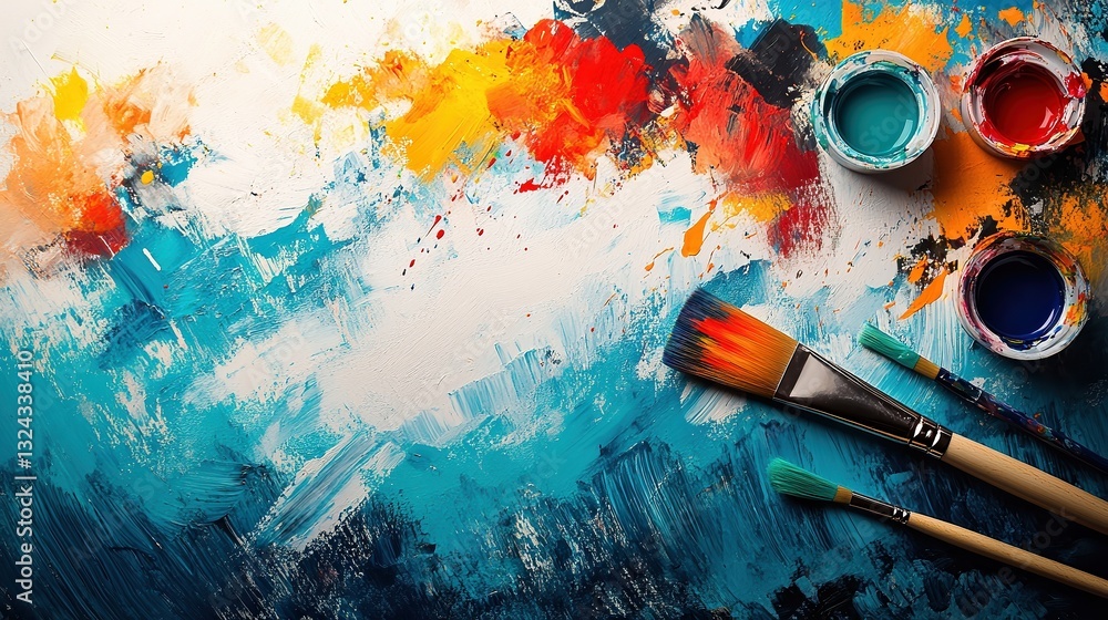 Fototapeta premium Abstract painting with bold brushstrokes of blue, orange, and white, surrounded by paintbrushes and jars of vibrant colors, symbolizing artistic creativity.
