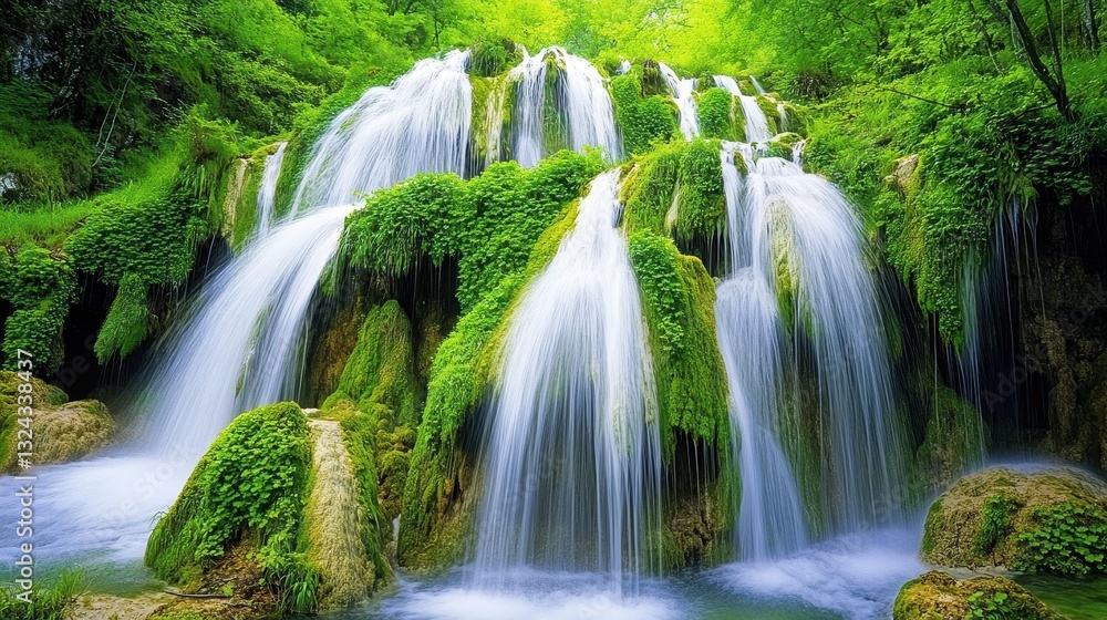 Fototapeta premium Of a Breathtaking waterfall cascading down moss-covered rocks surrounded by lush green jungle