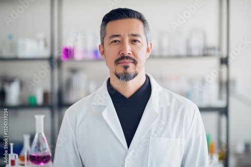chemist in lab coat stands confidently in front of laboratory setup with glassware and colorful liquids suggesting