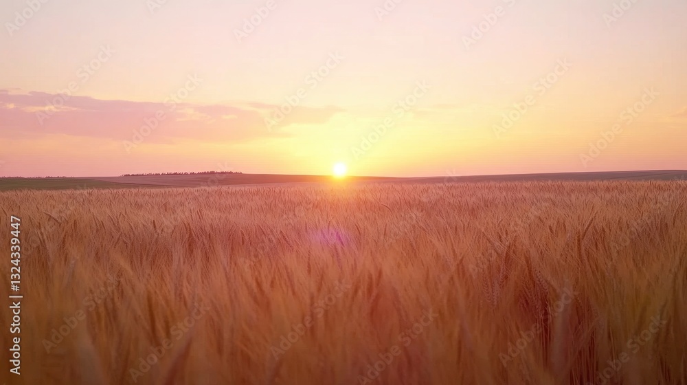Obraz premium Of a Golden wheat field stretching to the horizon under a soft pink and orange sunset sky