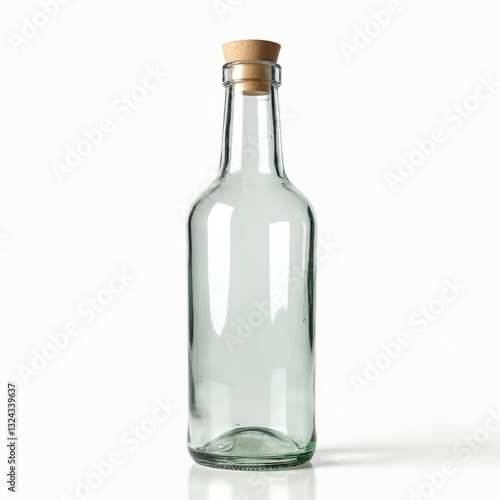 Wallpaper Mural Glass bottle with wooden cork isolated on white background. Clear empty transparent flask, blank container for liquid. Single object, nobody. High quality studio shot. Torontodigital.ca