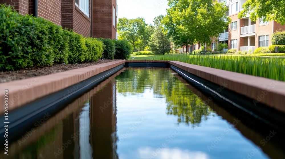 Fototapeta premium Flood Retention Ponds Concept, Retention Pond Surrounded by Lush Greenery in Urban Greenway Area with Reflective Water Surface