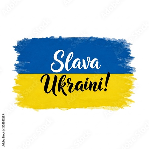 A Ukrainian flag with inspirational calligraphy saying Slava Ukraini!
