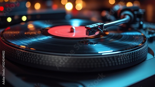 Vibrant red label vinyl record spins on turntable with silver needle, creating nostalgic music listening scene.