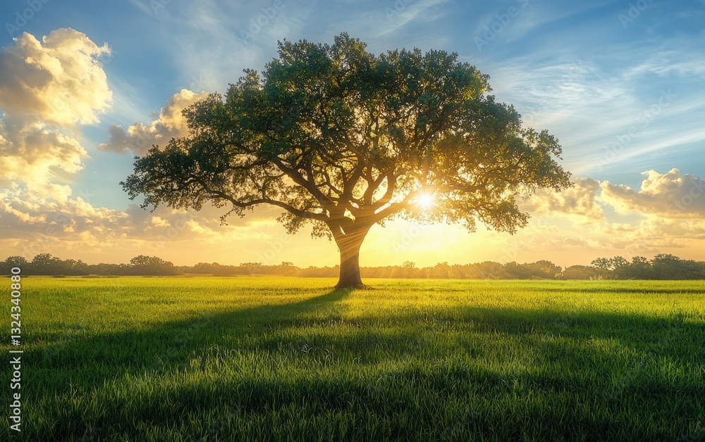 Of a Majestic oak tree standing alone in a vast green field, with golden sunlight streaming through its sprawling branches Of a Majestic oak tree standing alone in a vast green field, with golden sunlight streaming through its sprawling branches