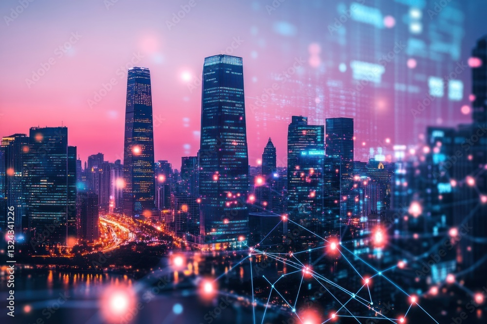 Fototapeta premium Futuristic Cityscape at Dusk with Digital Connections and Glowing Technology in the Skyline