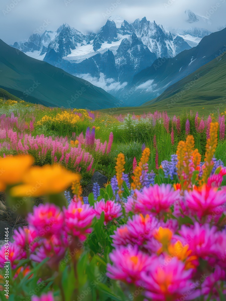 Fototapeta premium poster, postcard mountain landscape sunrise sky with wildflowers forest on the meadow, beautiful nature in the mountains, flower and green grass, travel and hiking, outdoor active rest, morning light