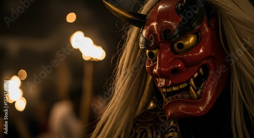AI-generated illustration of a Japanese festival mask with fiery torches in the background