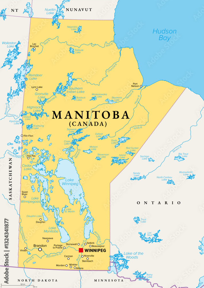 Fototapeta premium Manitoba, a province of Canada, political map with boundaries, and largest cities, rivers and lakes. Located at the longitudinal centre of the country, with capital Winnipeg. Illustration. Vector