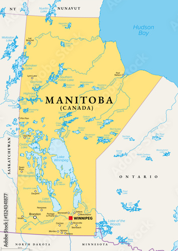 Manitoba, a province of Canada, political map with boundaries, and largest cities, rivers and lakes. Located at the longitudinal centre of the country, with capital Winnipeg. Illustration. Vector