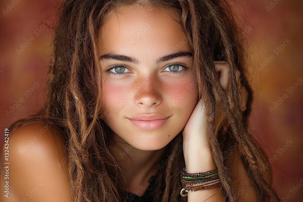 A young woman with beautiful dreadlocks and striking green eyes A young woman with beautiful dreadlocks and striking green eyes