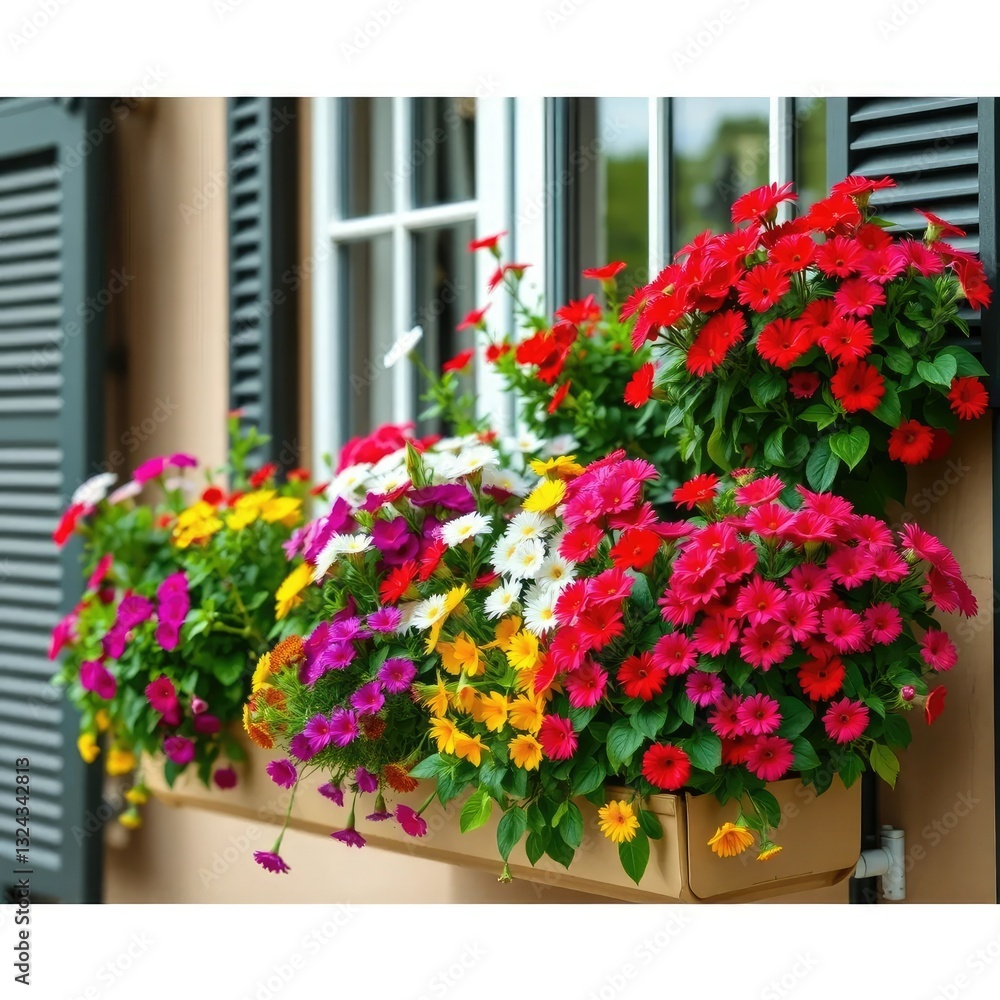 Naklejka premium A lush green and colorful garden box overflow with blooming flowers, balcony, planters, flowers