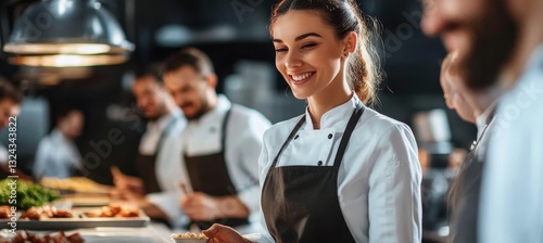 Fototapeta Naklejka Na Ścianę i Meble -  A culinary master class with participants in aprons.