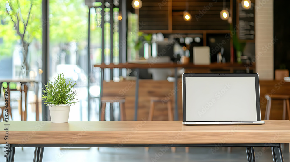 Modern Cafe Interior with Whiteboard and Small Potted Plant on Wooden Table with Blurred Background Modern Cafe Interior with Whiteboard and Small Potted Plant on Wooden Table with Blurred Background